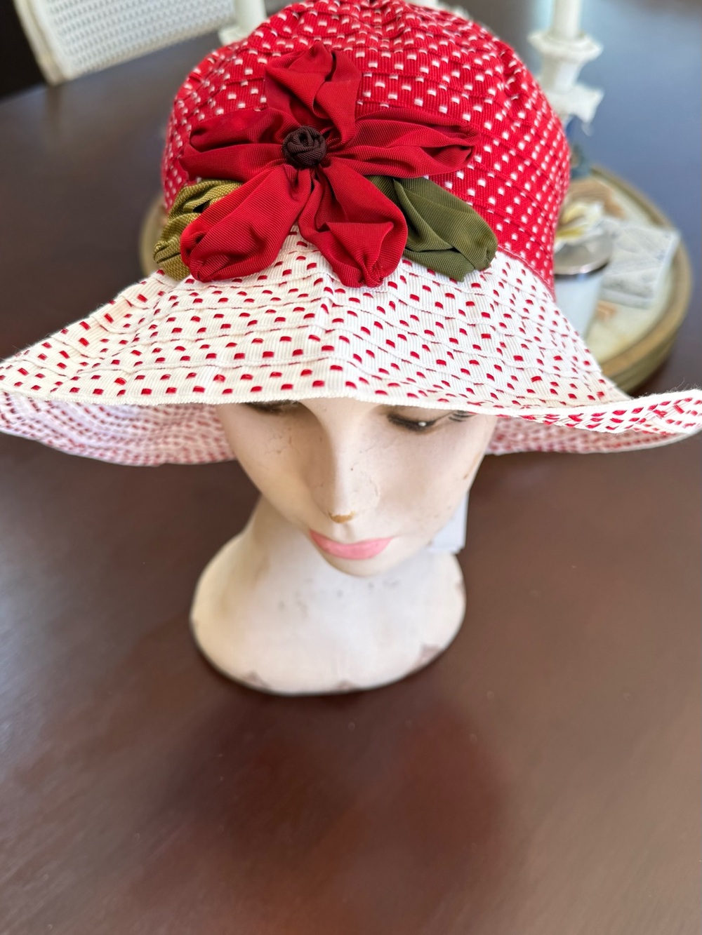 Grevi Red, White & Olive Floral Brim Sun Hat
